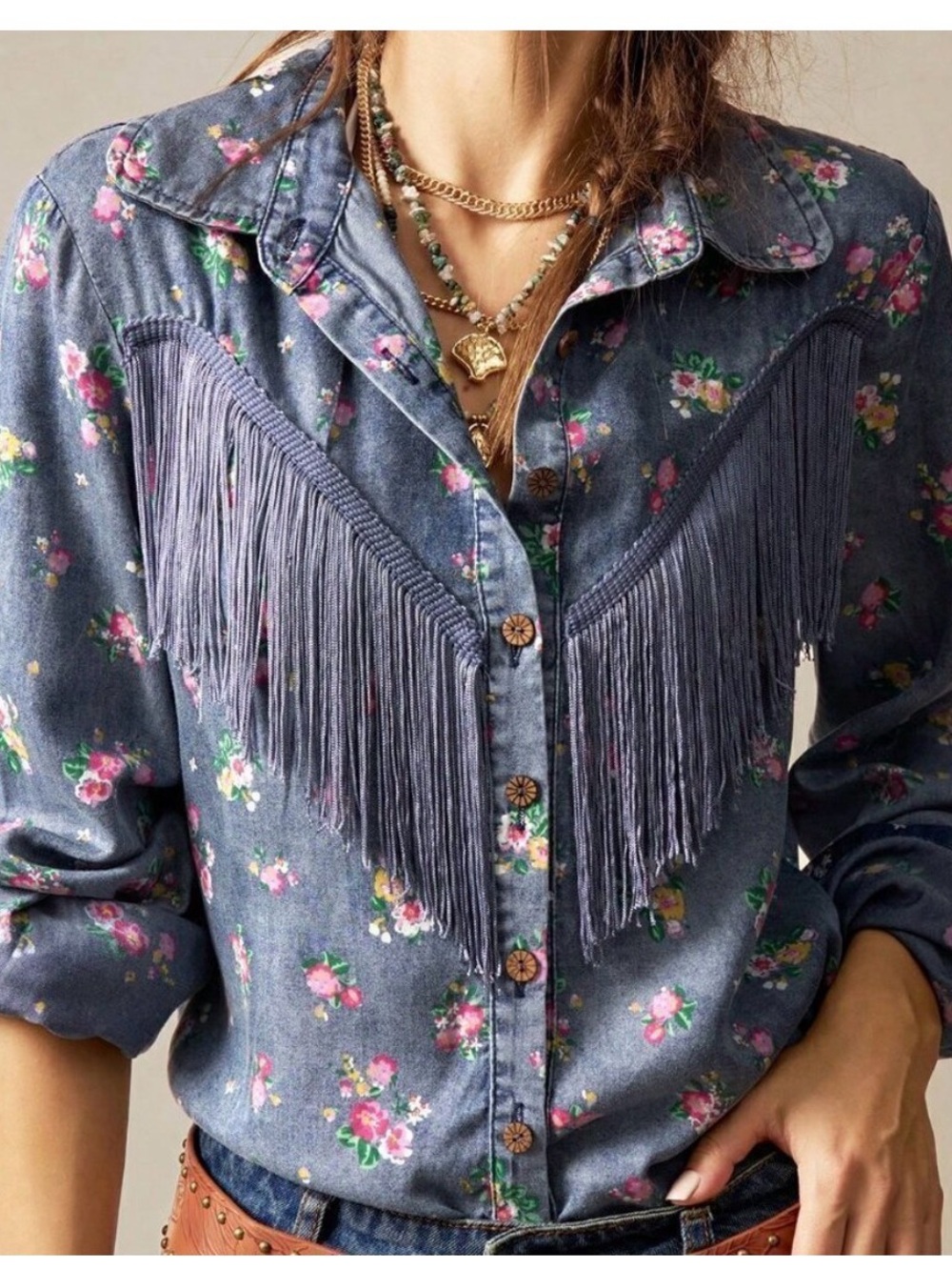 Dark Wash Floral western shirt with fringe